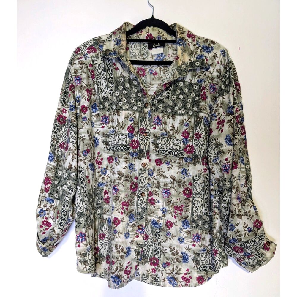 Vintage Tapestry Floral Button Shirt Cottagecore Romantic Blouse Large - Picture 2 of 8